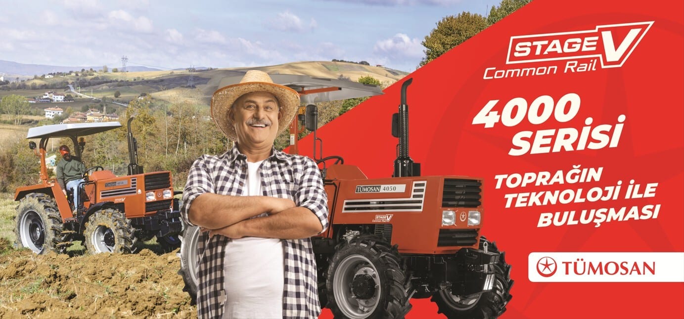 TÜMOSAN ad: Smiling farmer with 4000 Series tractors in a rural landscape.