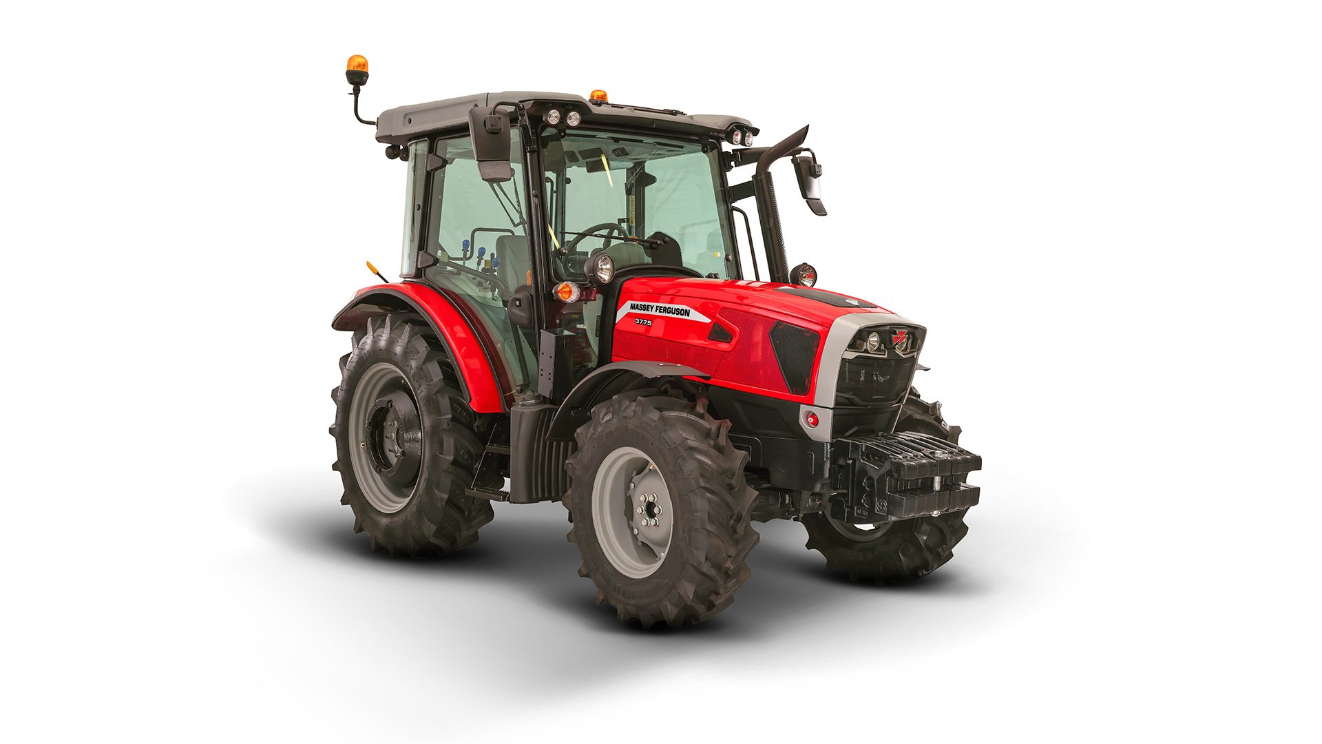 Red and grey Massey Ferguson tractor with a cab, angled view.