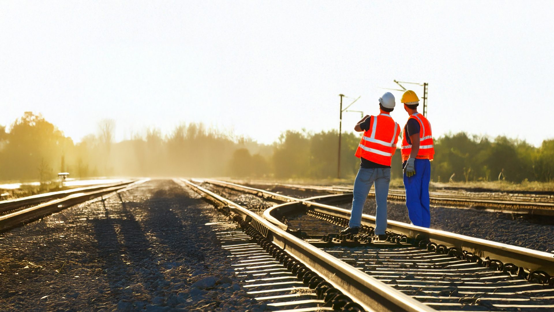 Two workers in safety vests on sunlit train tracks, looking into the distance.