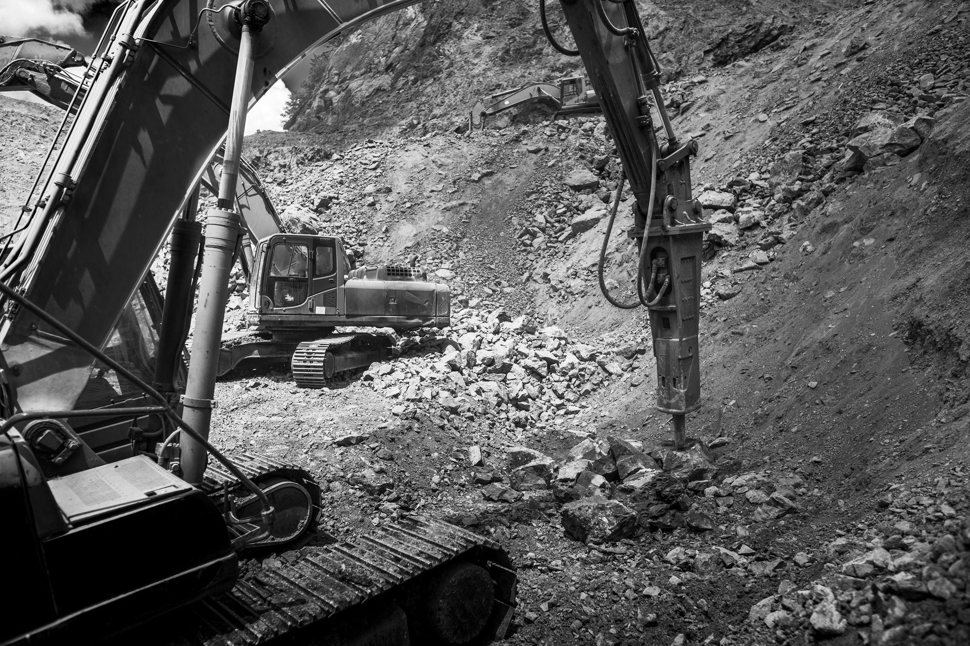 Black and white, Monochrome photography, Heavy equipment, Construction, Machine, Demolition, Rubble