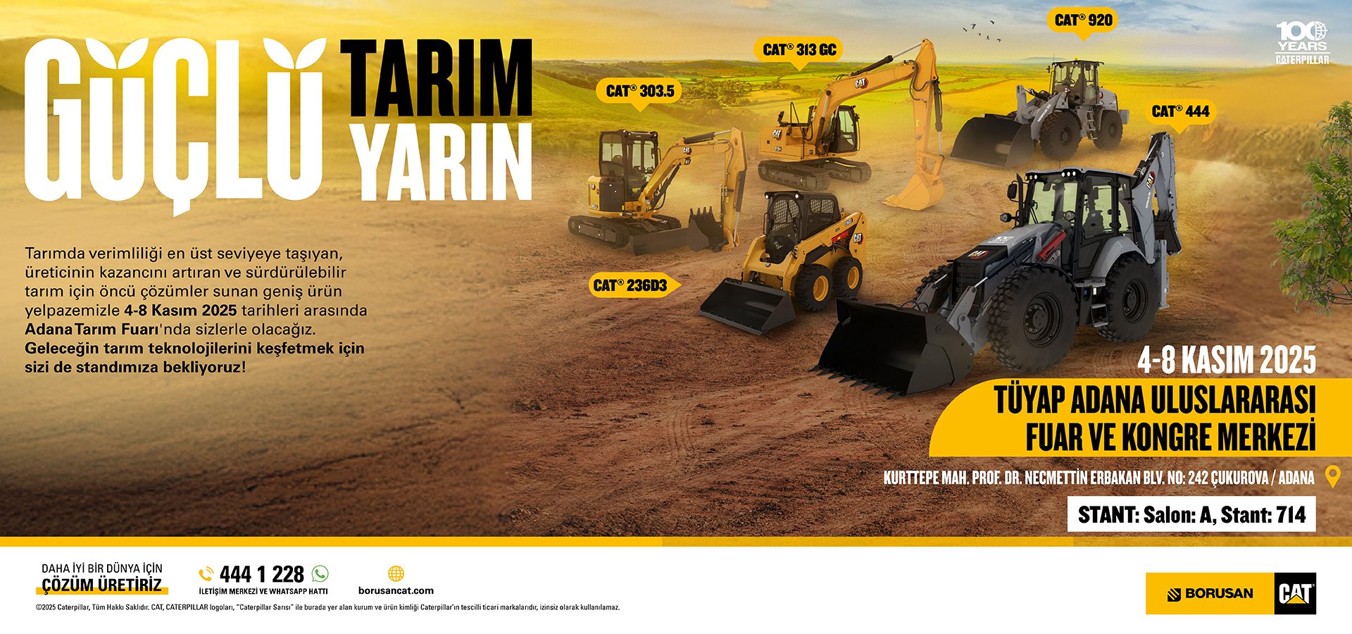 Caterpillar agricultural machines (excavators, loaders) showcased for Borusan Cat at Adana Agriculture Fair, Nov 4-8, 2025.