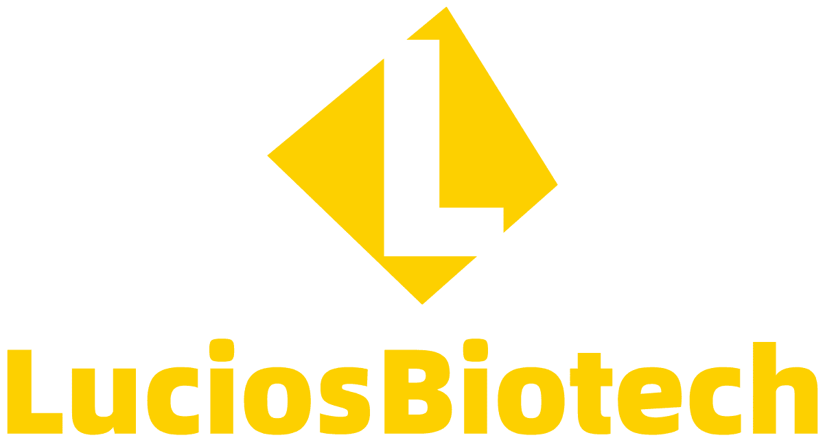Logo for LuciosBiotech, featuring a stylized yellow 'L' inside a diamond shape above the company name.