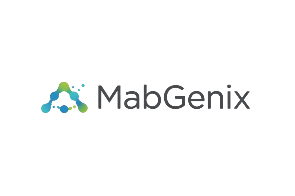 MabGenix logo featuring an abstract molecular structure in blue and green, alongside the company name.
