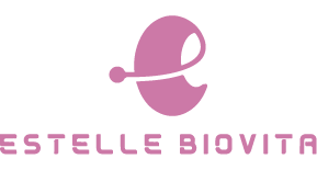 Pink Estelle Biovita logo with stylized 'e' on dark green background.