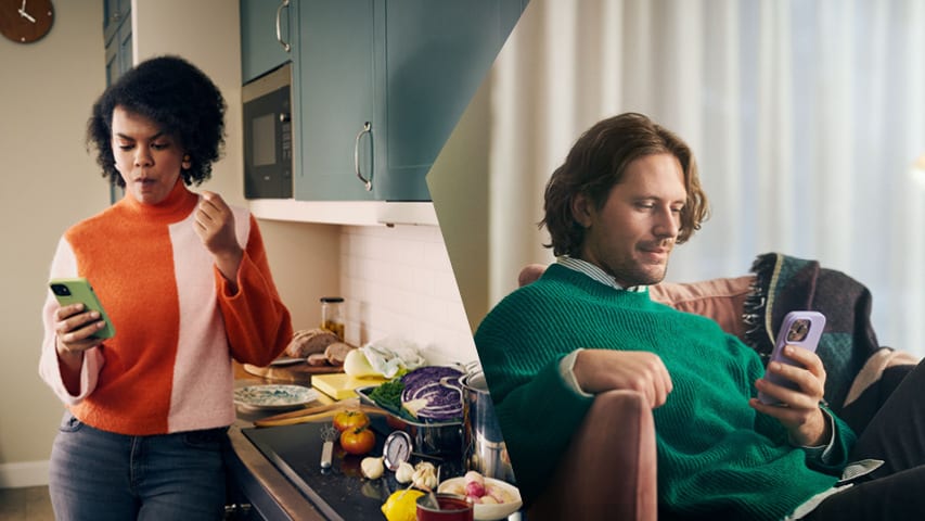 Split image: a woman in a kitchen and a man on a couch, both looking at phones.