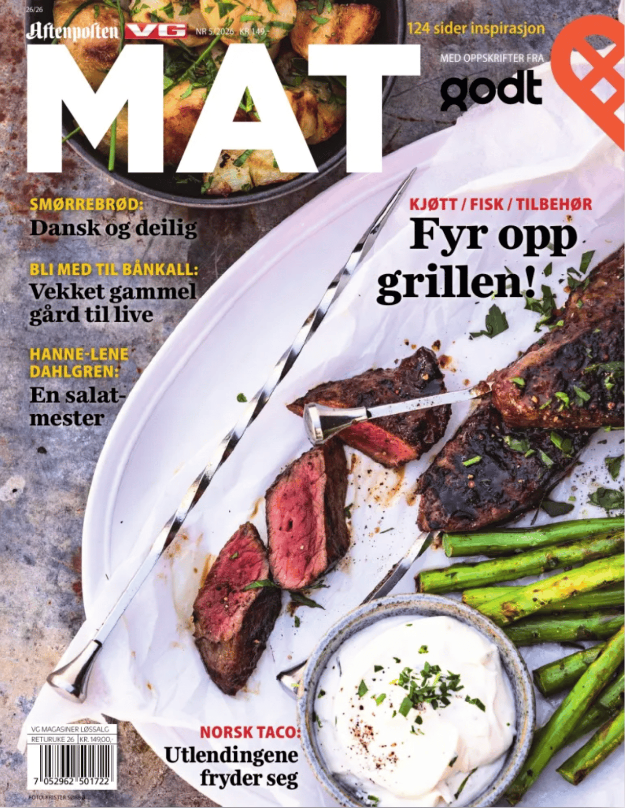 MAT magazine cover with grilled steak, asparagus, and sauce on a plate, with various feature texts.