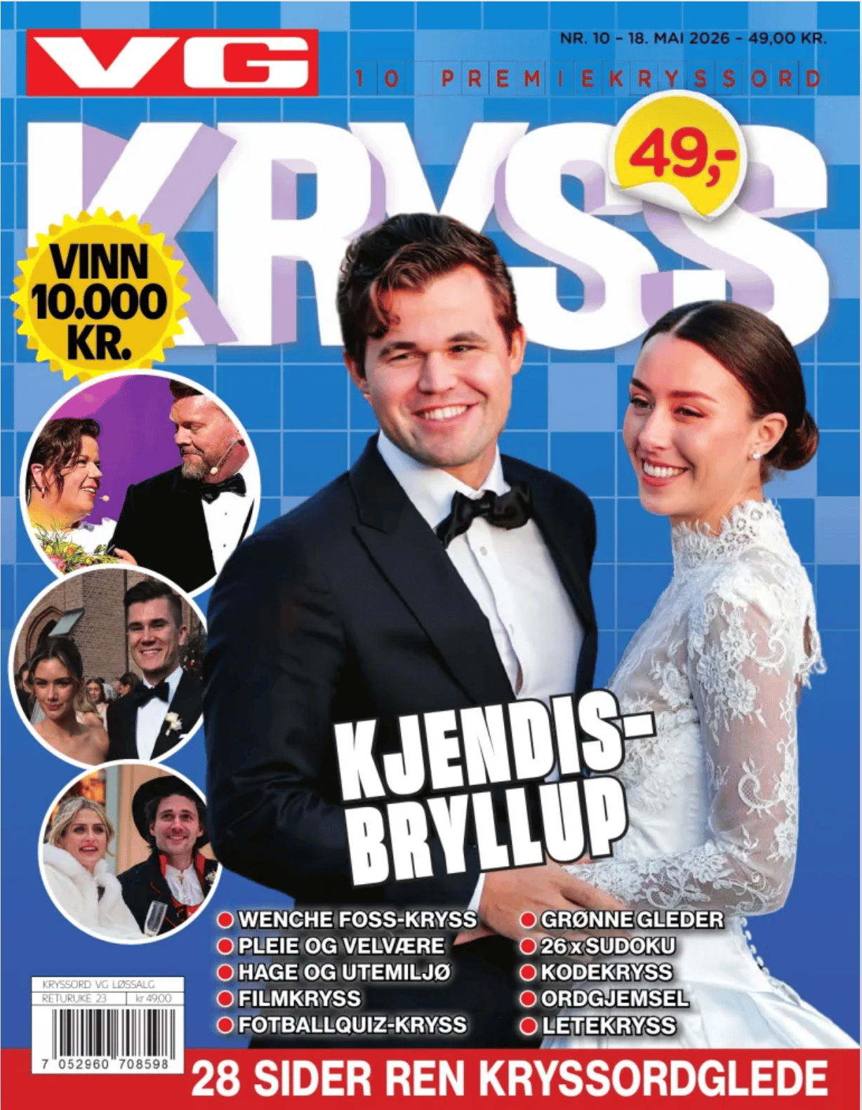 Magazine cover for VG Kryssord, featuring a smiling couple (Magnus Carlsen and wife) in wedding attire, with text and other couple photos.