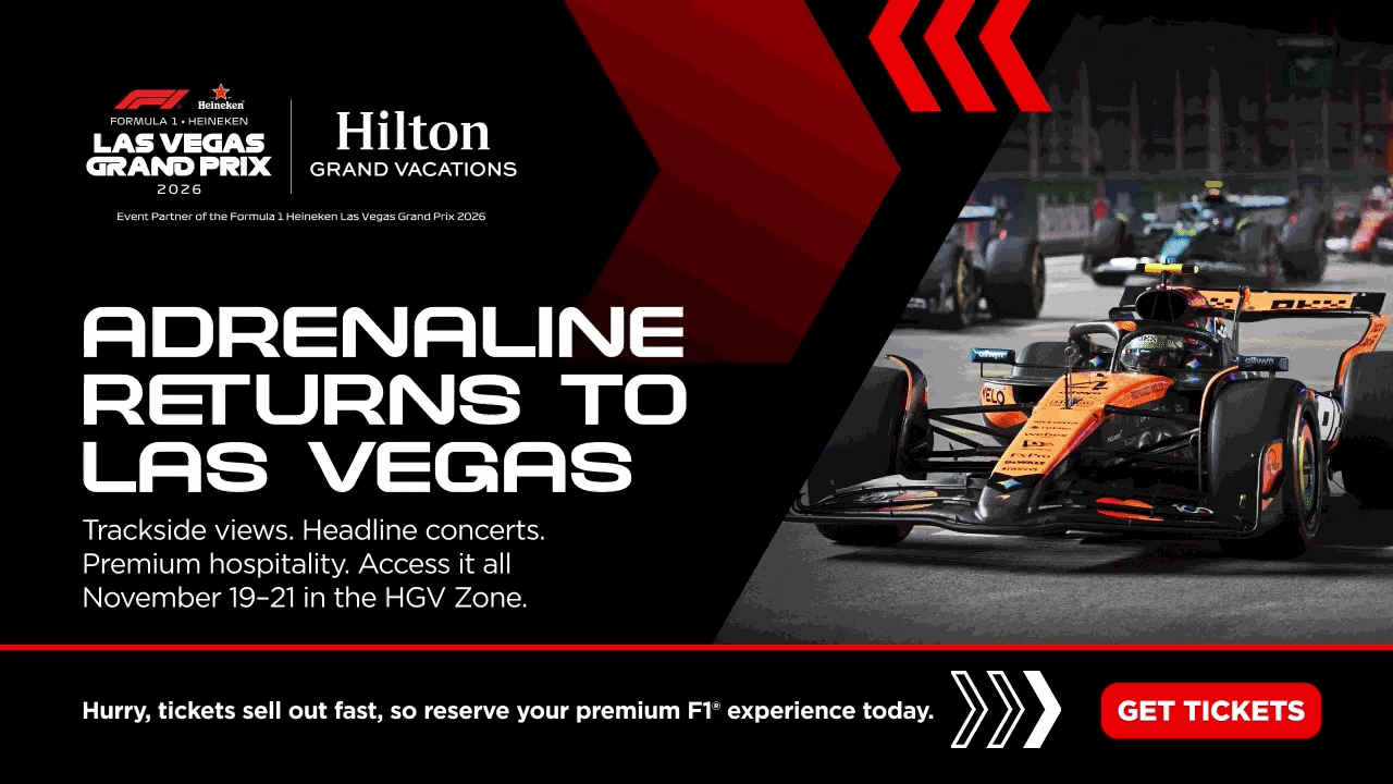 F1 Las Vegas Grand Prix 2026 ad featuring a race car, "ADRENALINE RETURNS TO LAS VEGAS" text, and sponsor logos.