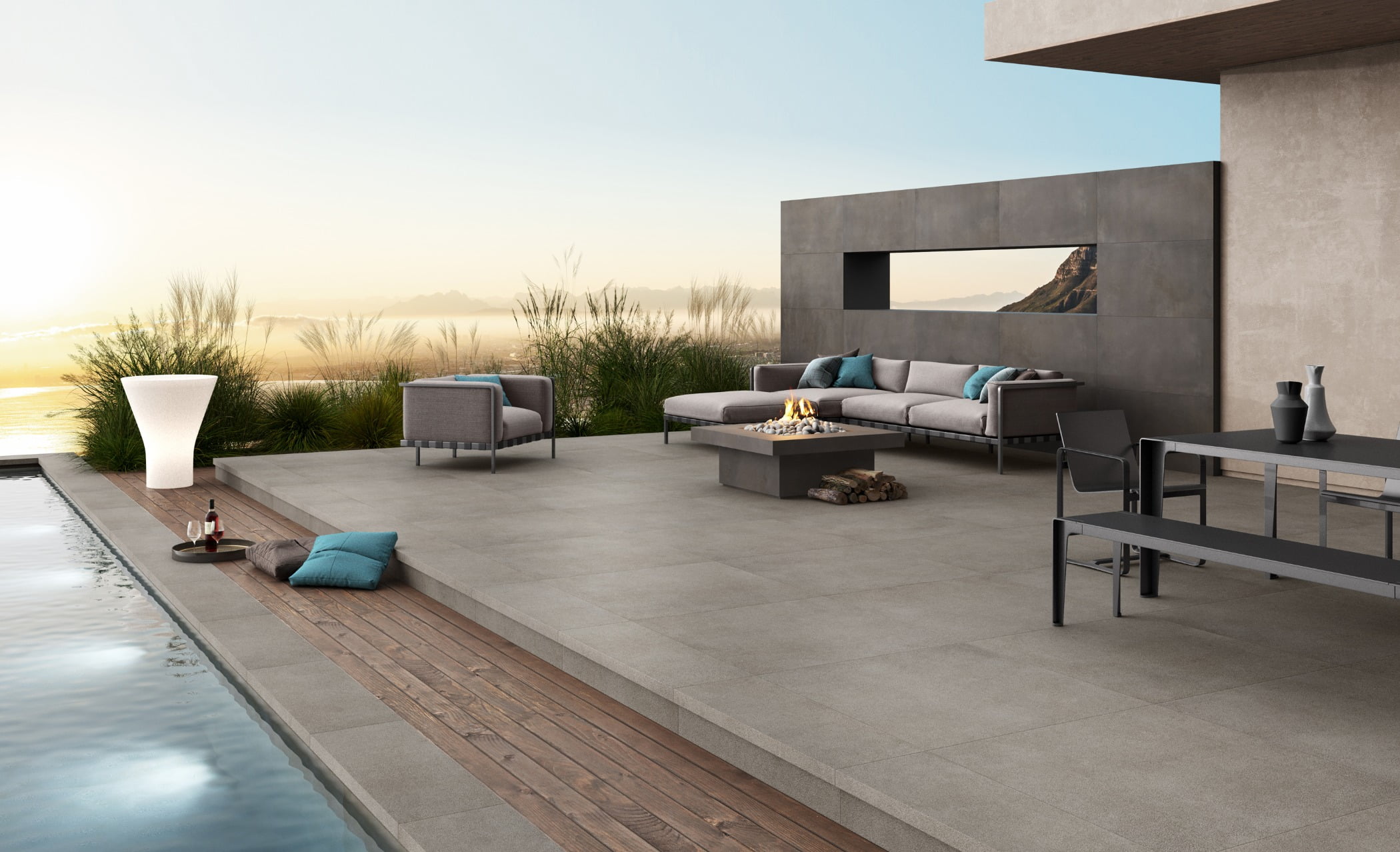 Interior design, Outdoor furniture, Plant, Couch, Building, Table, Houseplant, Wood, Flowerpot, Sky