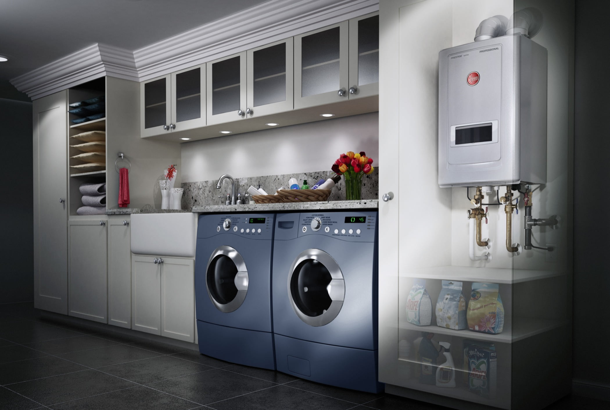 Laundry room, Kitchen appliance, Clothes dryer, Washing machine, Cabinetry, Product