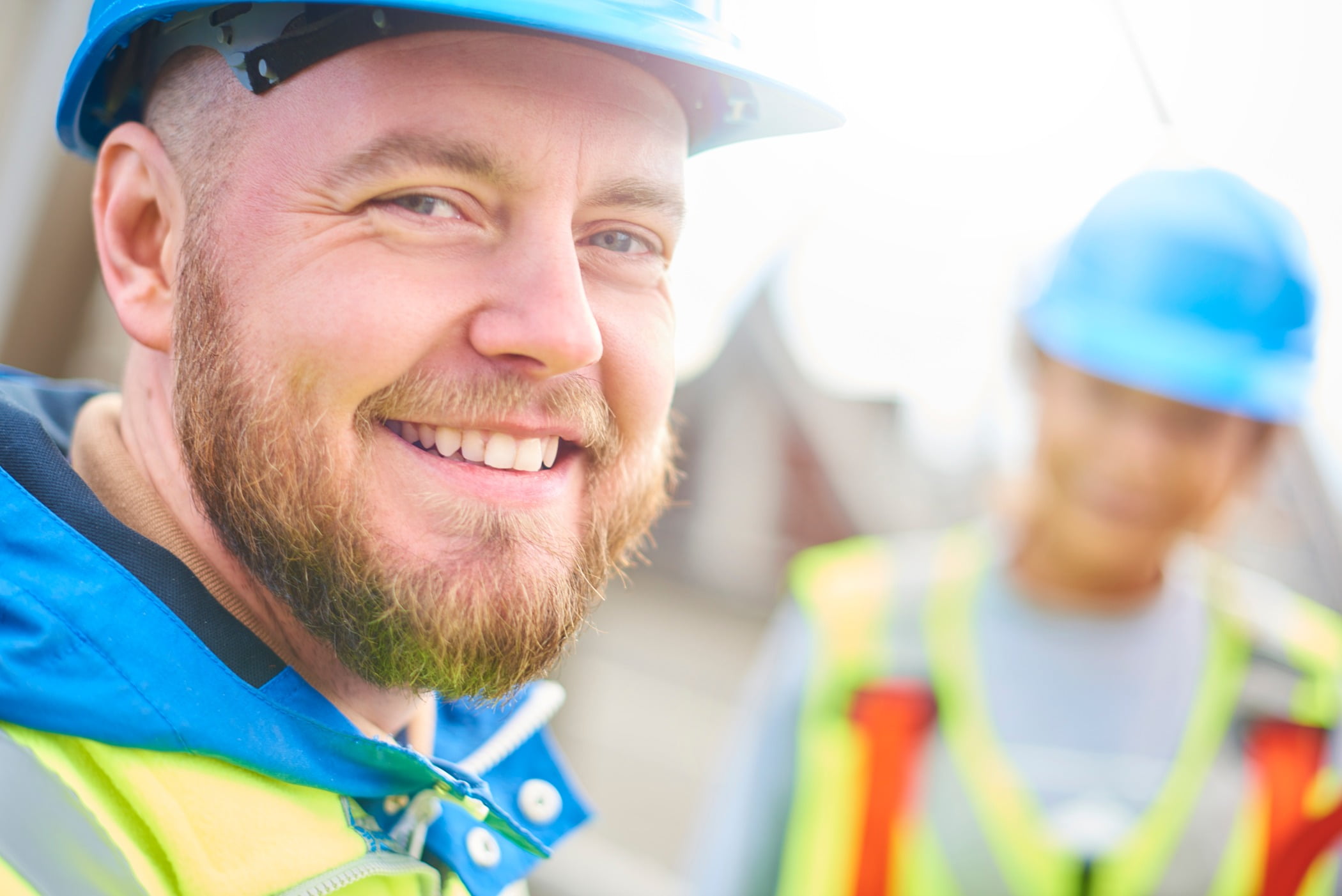 Hard hat, Face, Smile, Head, Blue, Cap, Beard, Green, Yellow, Headgear