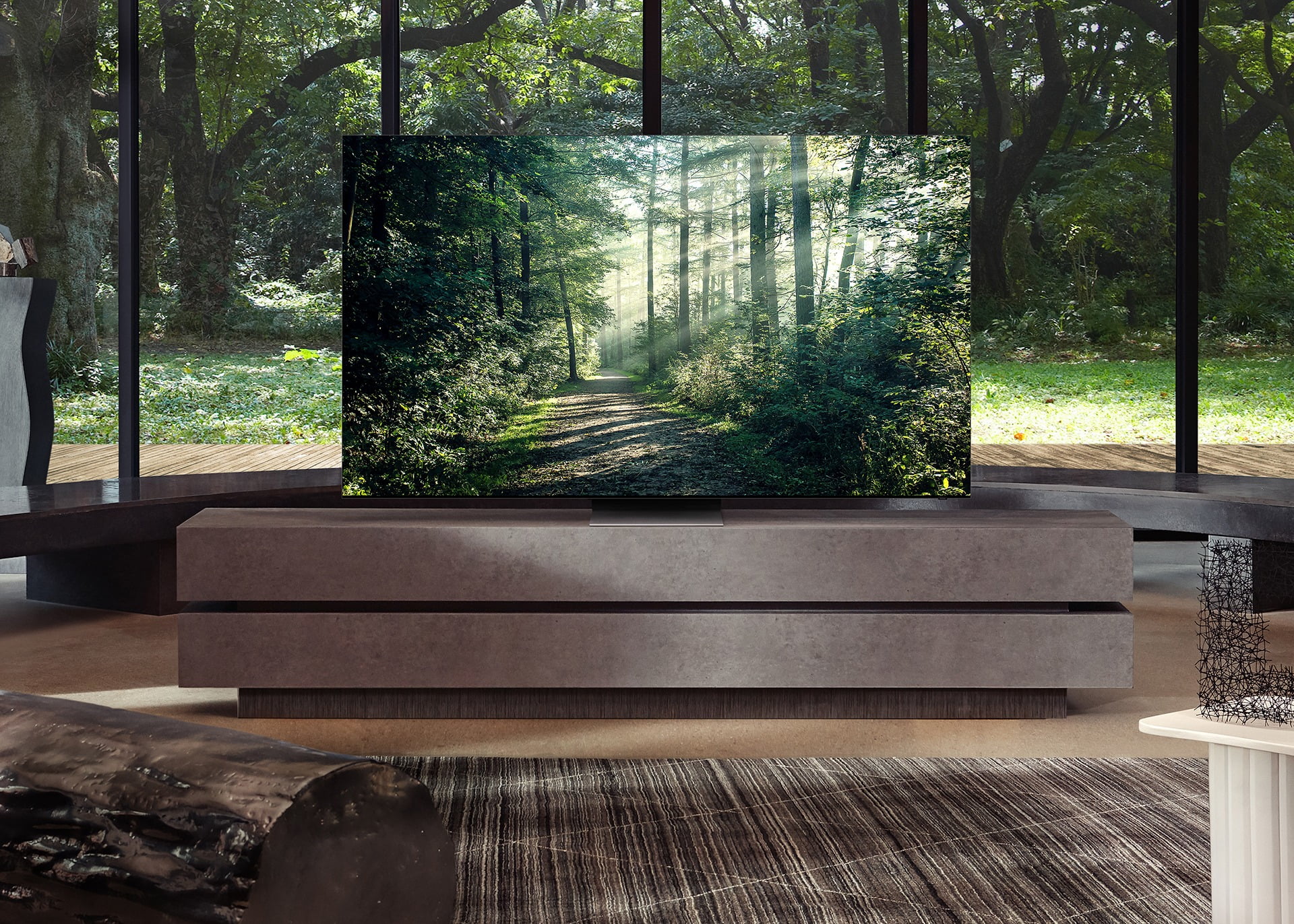 Interior design, Woody plant, Tree, Rectangle, Shade, Wood, Couch, Grass