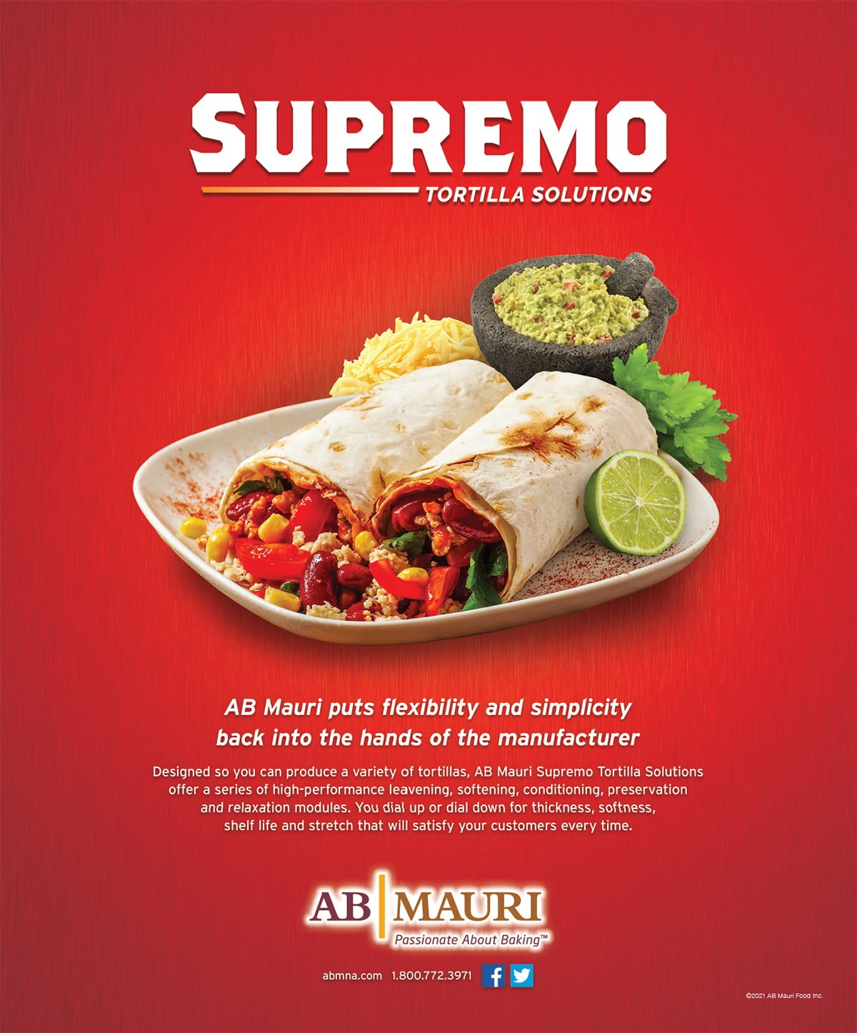 Full page ad, Red background, Burrito, Tortilla, Beans, Lime, Plate