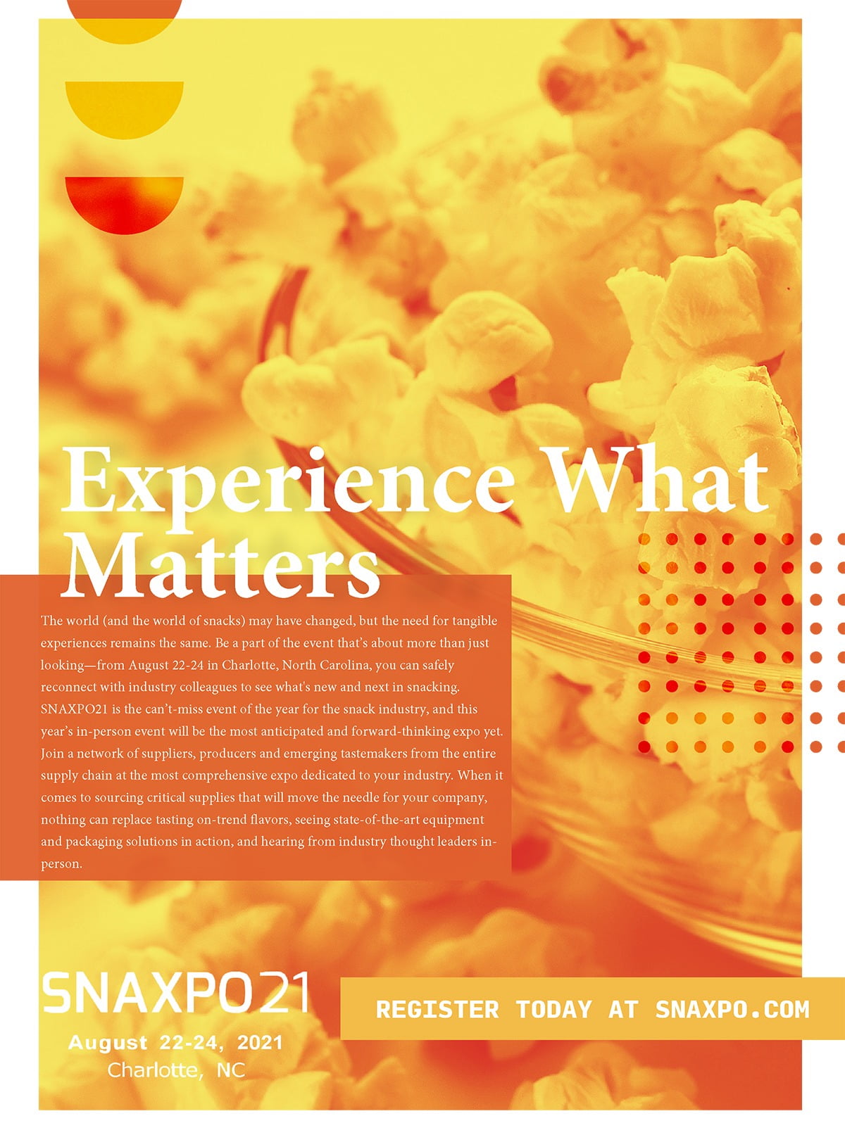 Full page ad, Orange, Shapes, Popcorn photo, 2021 event, Boxes