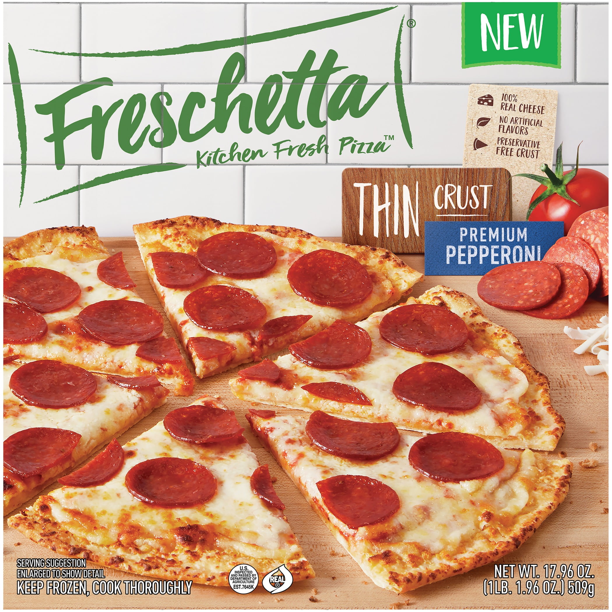Pizza, Thin crust, Pepperoni, Tomato, Frozen pizza, Packaging, Box
