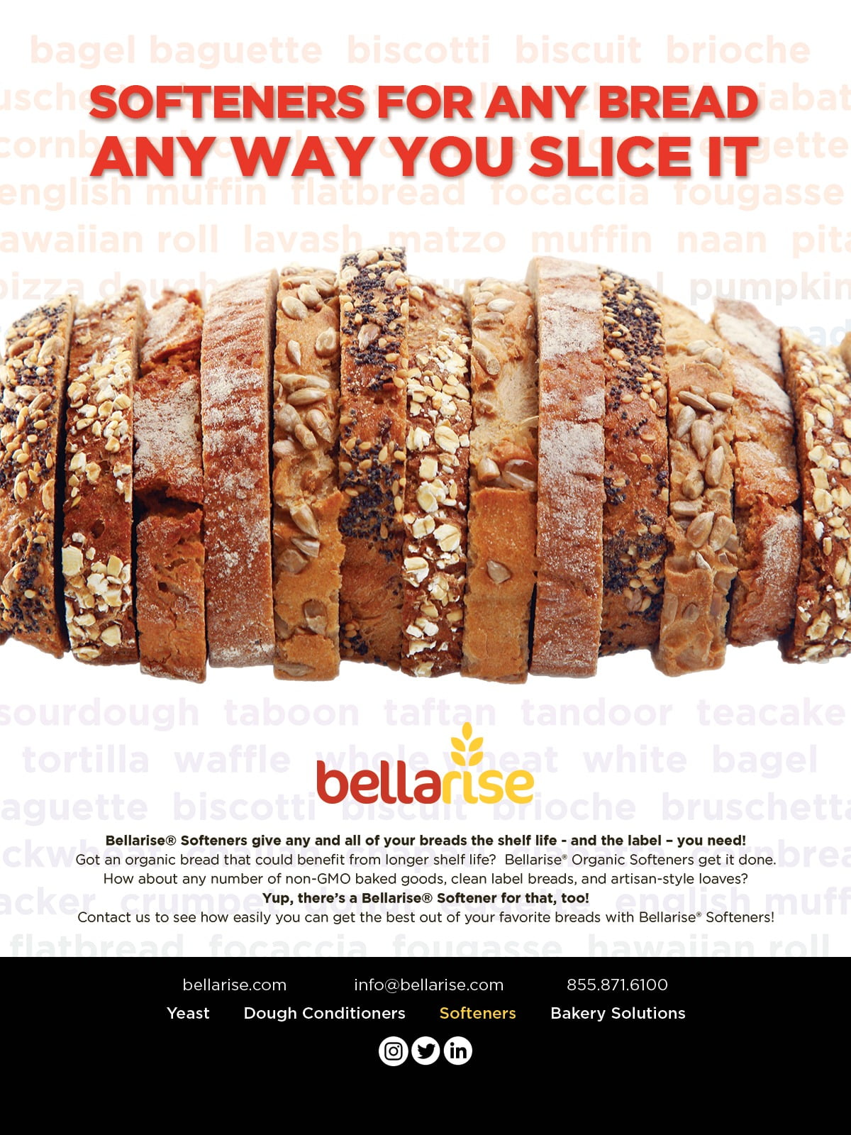 Full page ad, Logo, Slices of bread, Variety of breads, Bread, Nuts