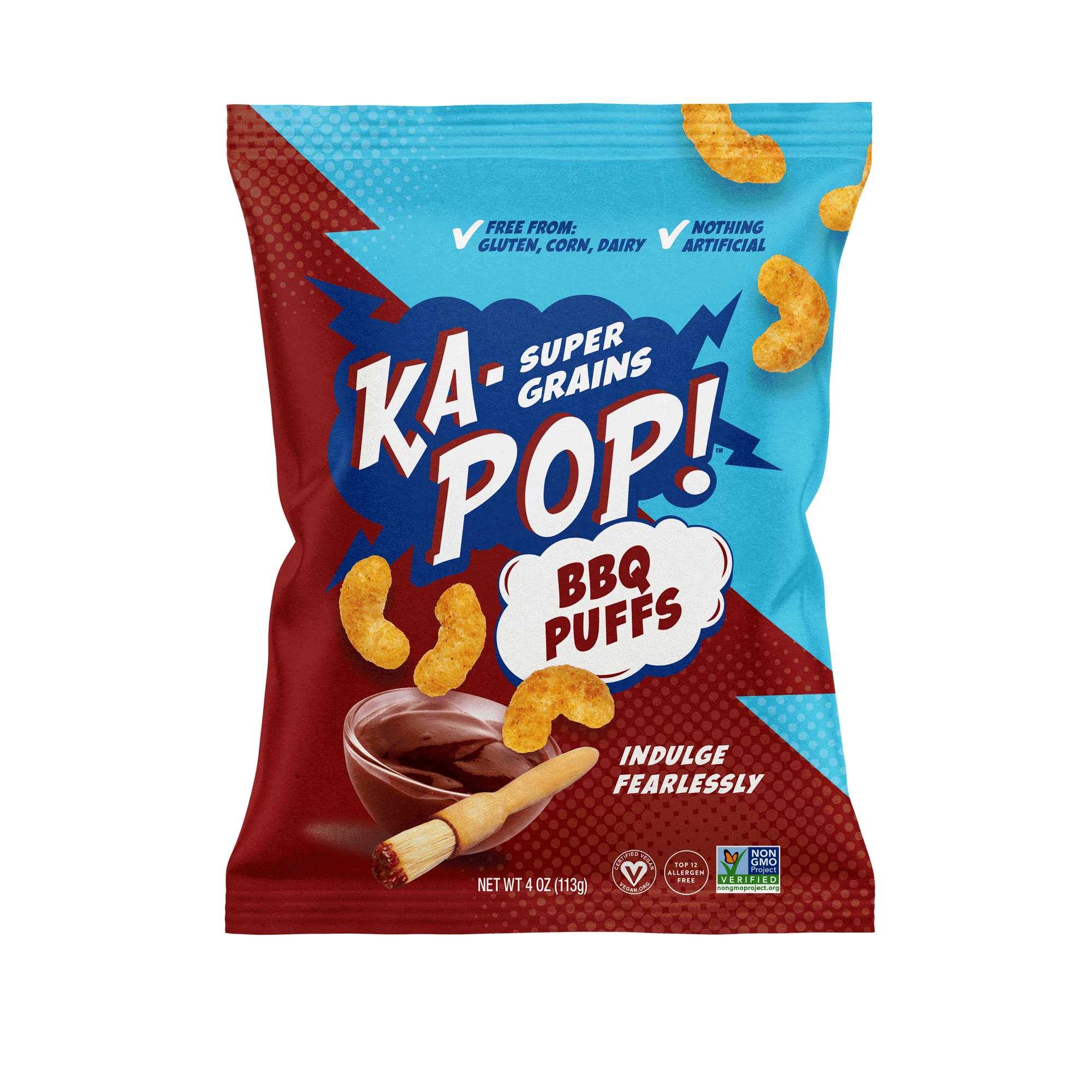 Packaging, BBQ flavor, Puffs, Pouches, Bags, Crunchy snacks, Ingredients