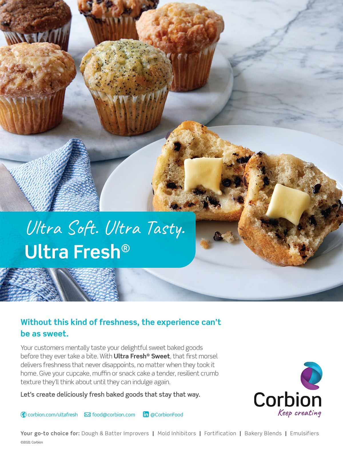 Full page ad, Photo, Muffins, Butter, Tableware, Blueberries, Logo
