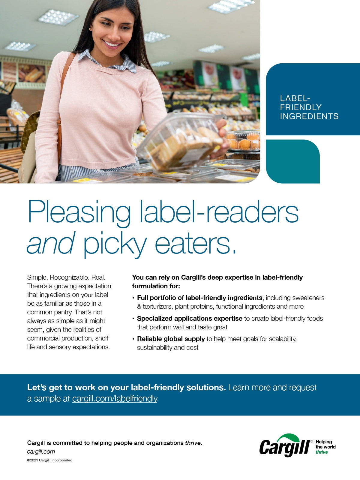 Full page ad, Logo, Shapes, Blue, Teal, Photo of woman, Supermarket