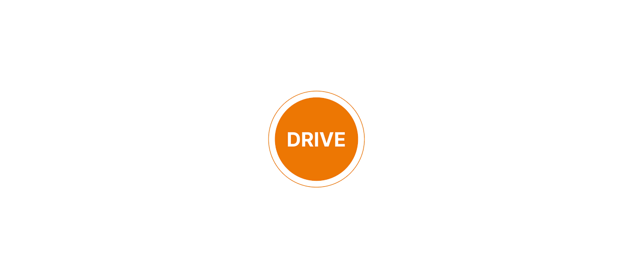 A white "DRIVE" text within an orange circle, outlined in brown, on a black background.