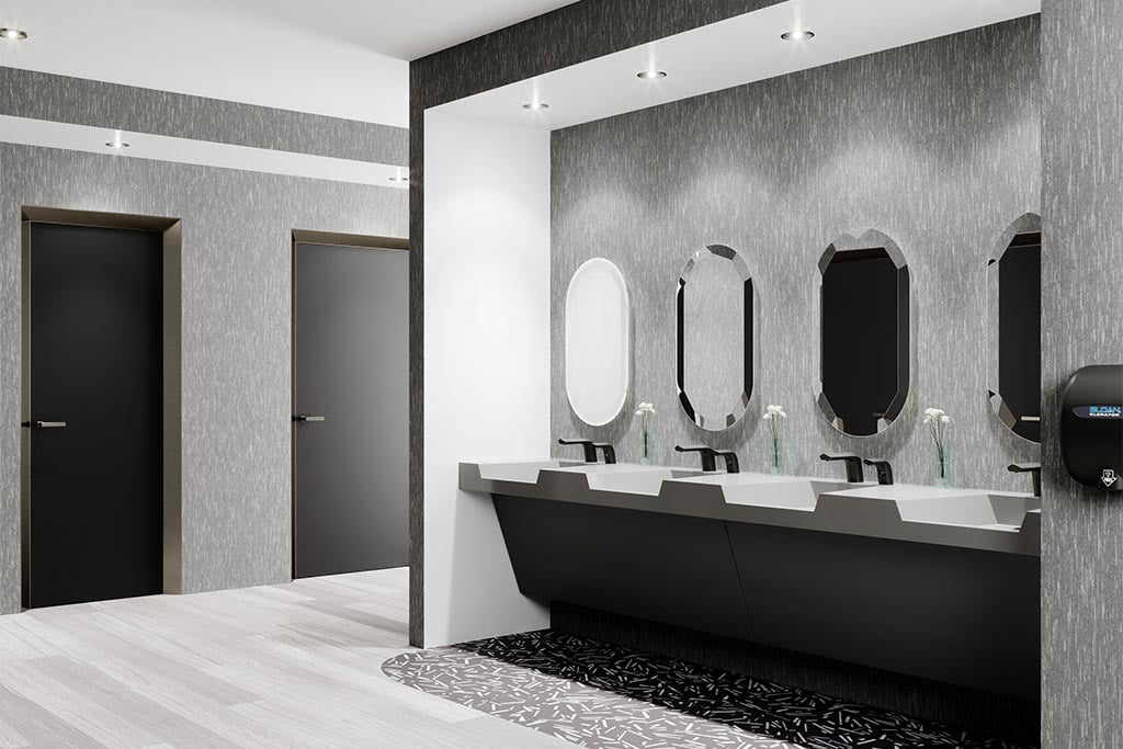 Plumbing fixture, Interior design, Mirror, Tap, Sink, Bathroom, Grey, Black-and-white, Style, Flooring