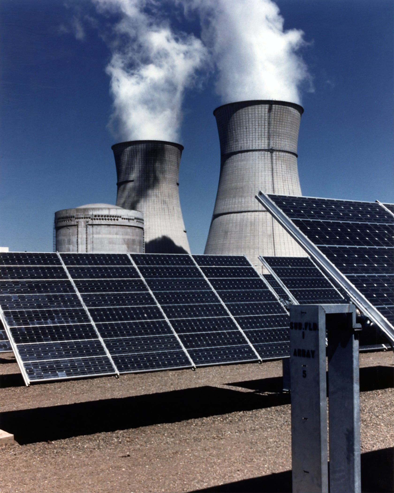 Nuclear power plant, Cooling tower, Solar panel, Cloud, Sky, Electricity, Line
