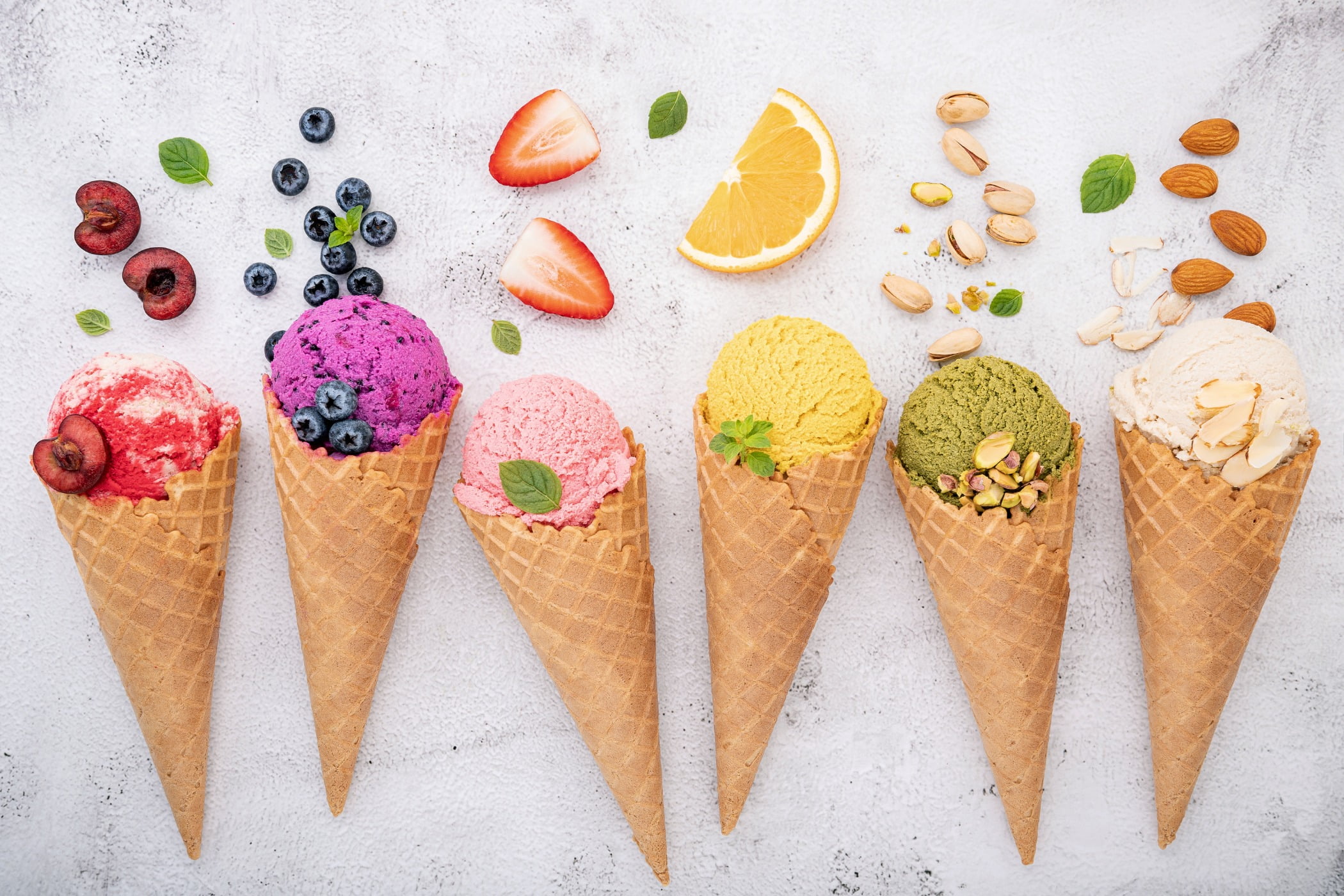 ice cream, cones, fruits