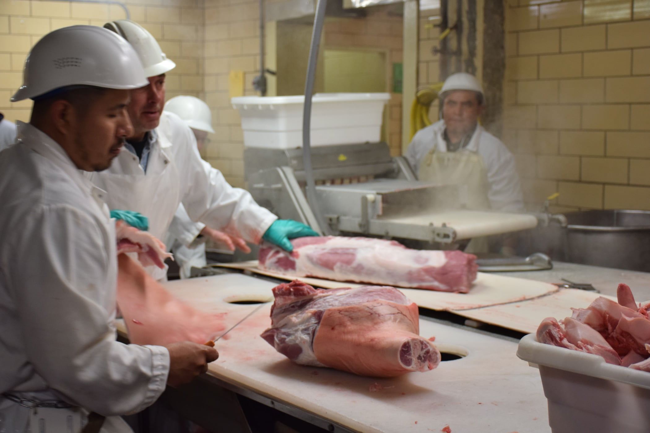 Meat cutter, Food, Butcher, Table, Apron, Tableware, Cuisine, Dish, Cooking
