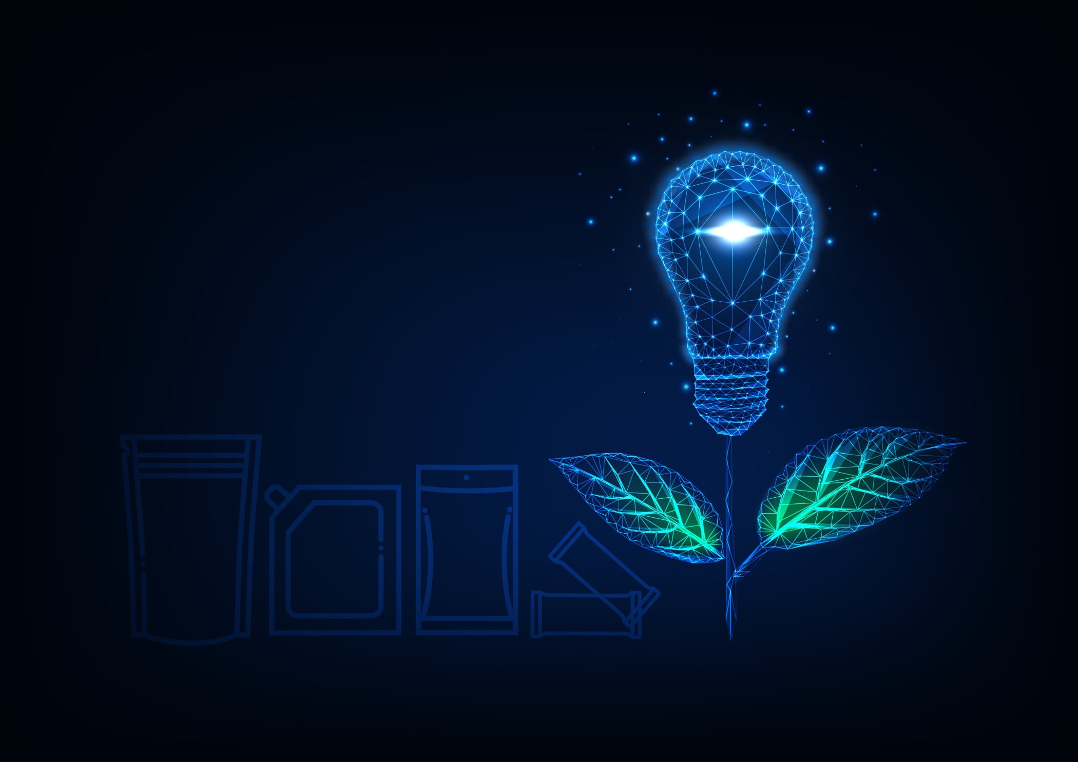 Sustainable energy concept. Futuristic glowing low poly flower made of light bulb and green leaves, along with flexible packages along the bottom of the image.