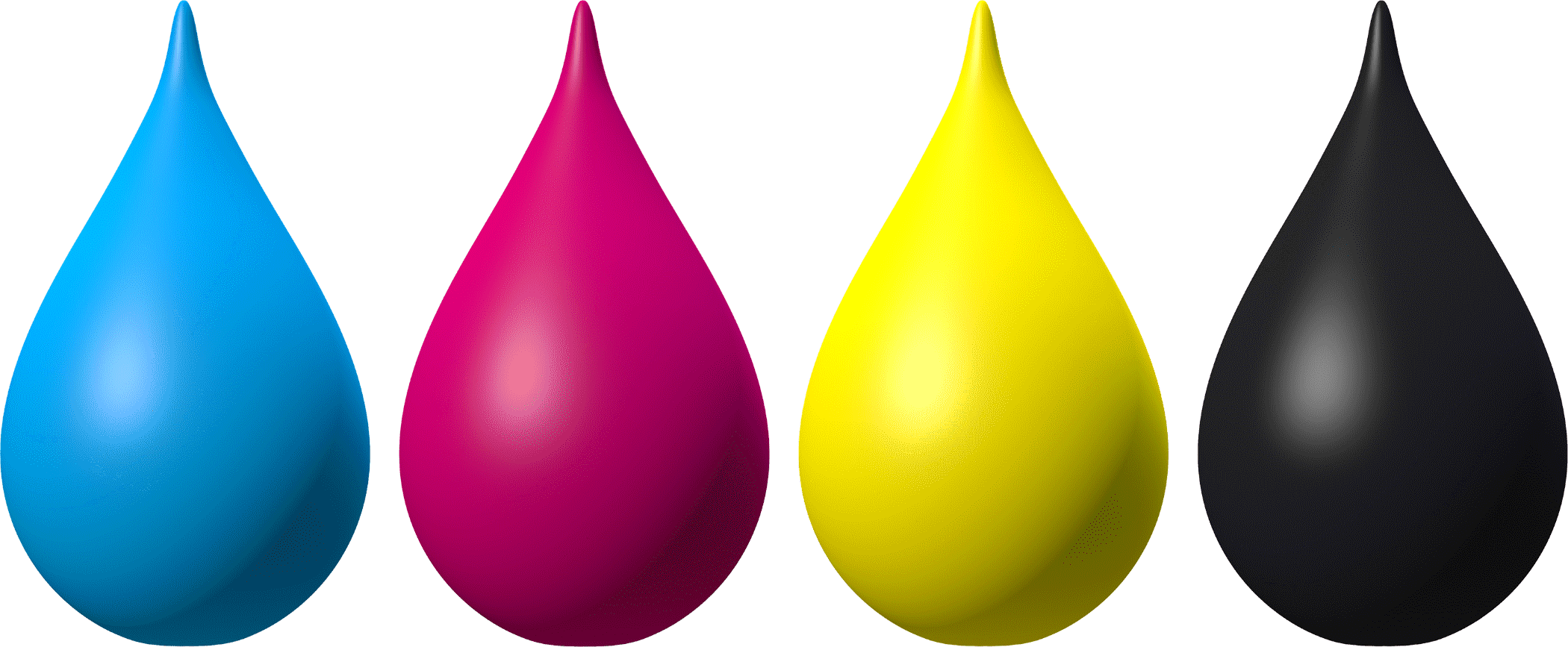 Cyan, magenta, yellow and black ink droplets