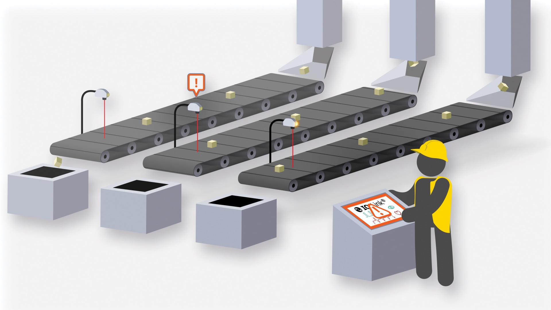 Prescriptive Maintenance: The sensor on conveyor 2 alerts the operator that its lens needs cleaning before it fails.