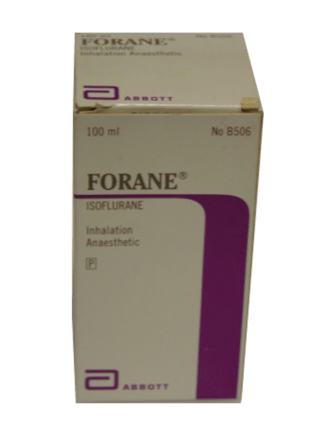 Forane inhalation agent, 1982. A white, rectangular box with Forane written on the side and a purple decorative pattern