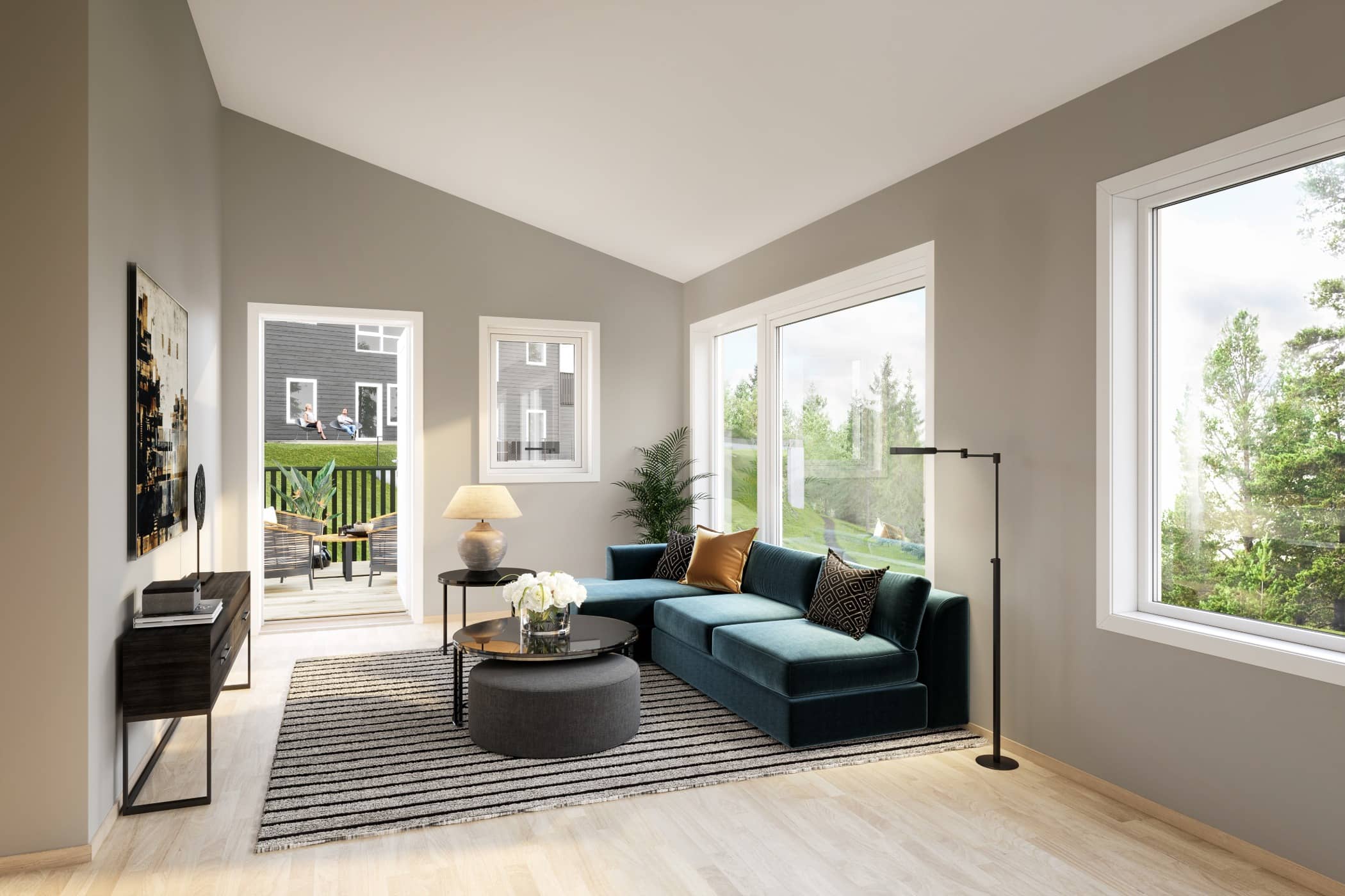 Wood flooring, Interior design, Living room, Ceiling, Floor, Green, Building, Property, Furniture