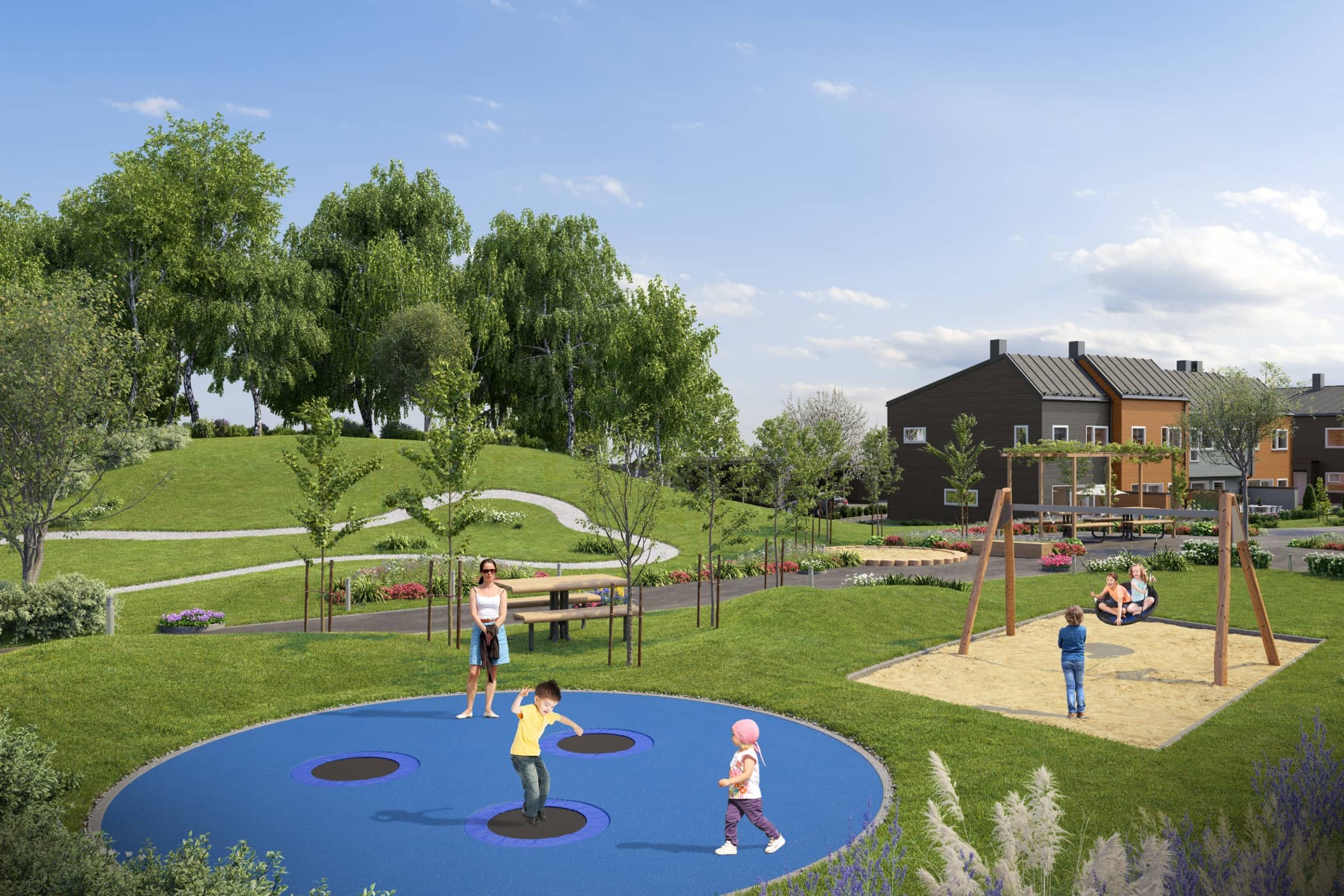 Human settlement, Residential area, Public space, Grass, Playground, Leisure, Property