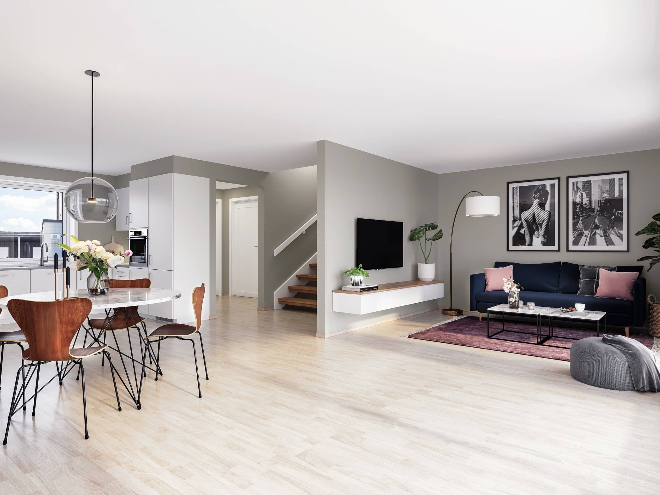 Wood flooring, Interior design, Living room, Building, Property, White, Furniture, Floor