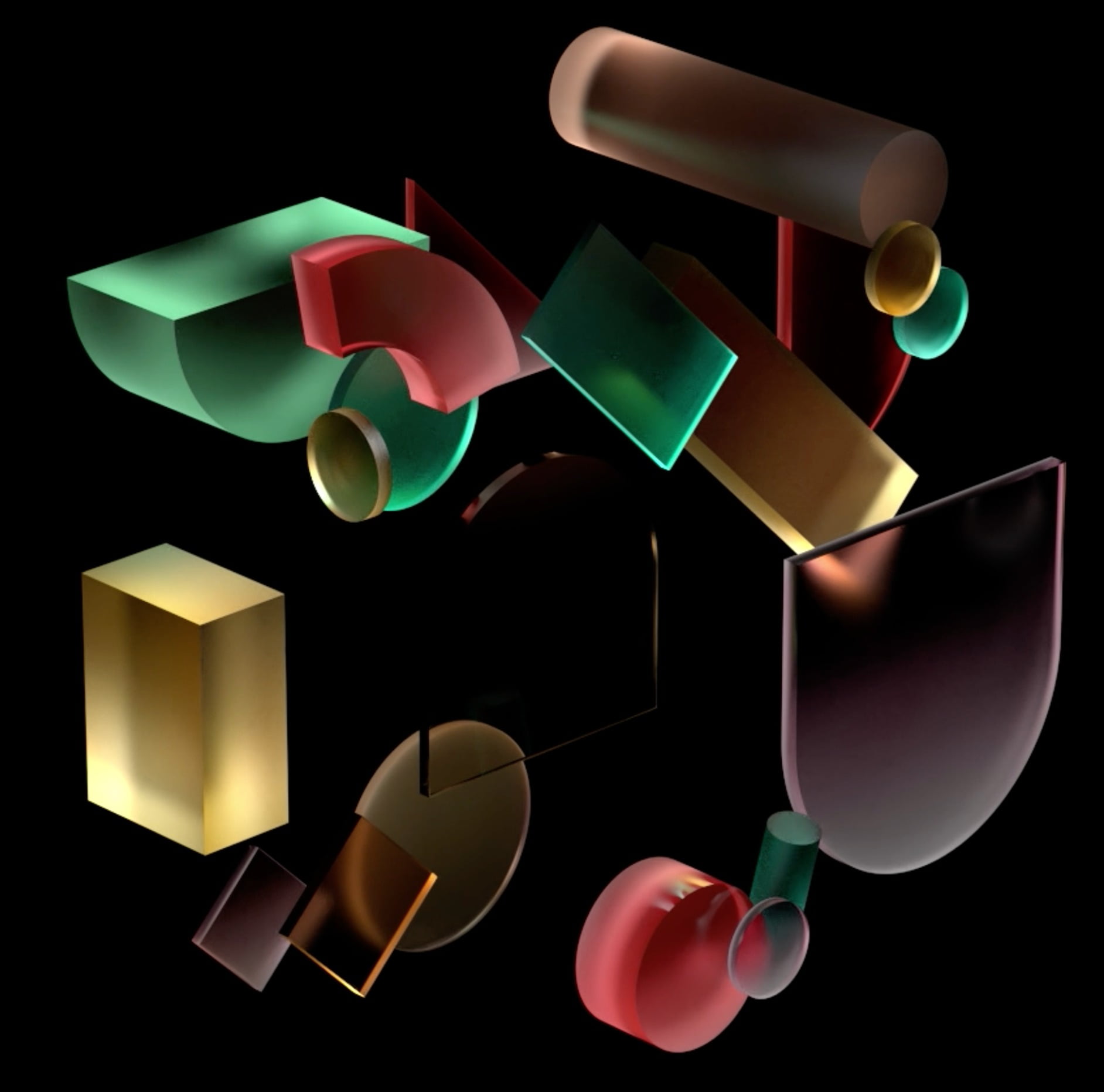 Translucent, glass shapes, floating in space symbolizing the Vev Platform