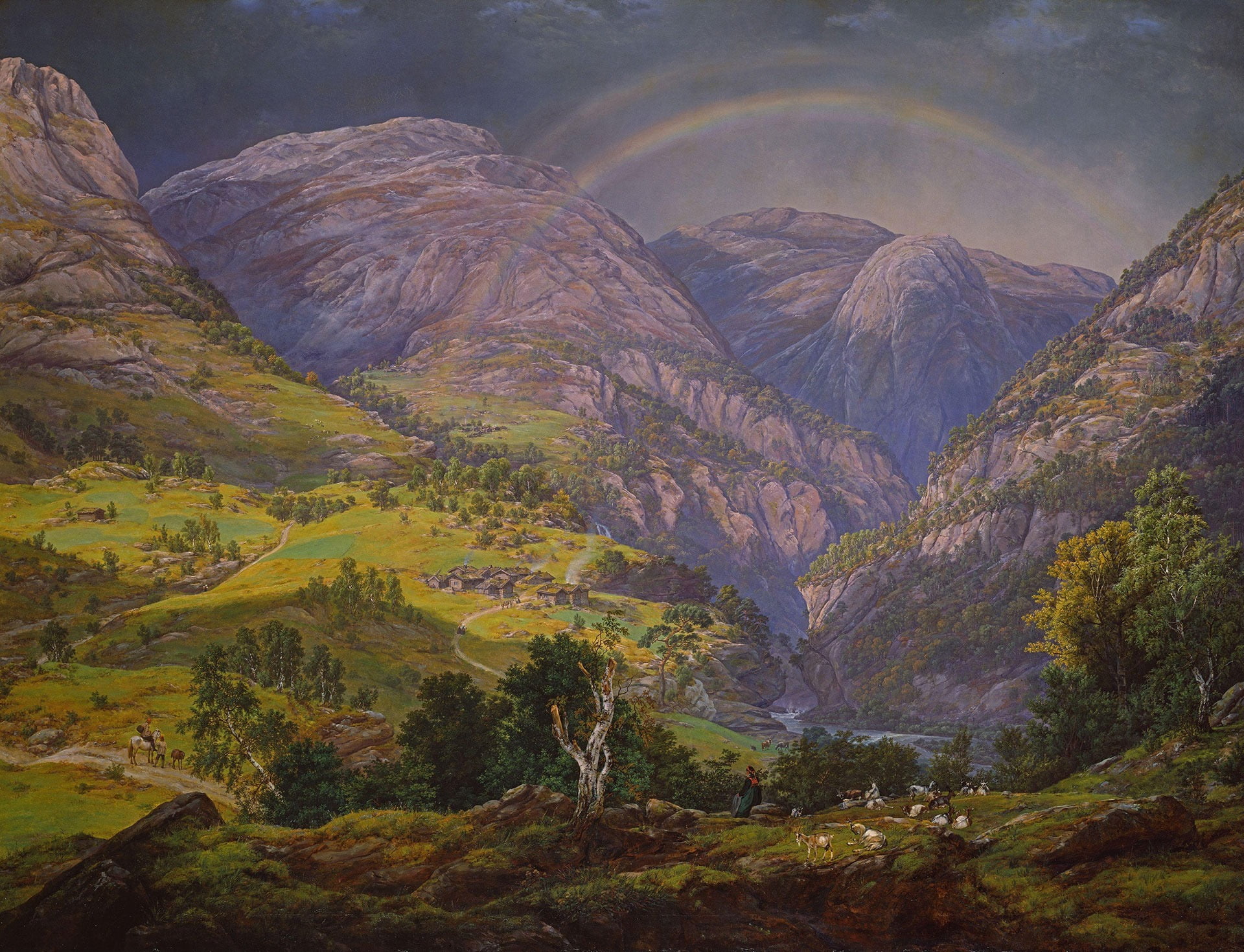 Natural landscape, Plant, Mountain, Ecoregion, Sky, Paint, Tree, Highland, Larch, Painting