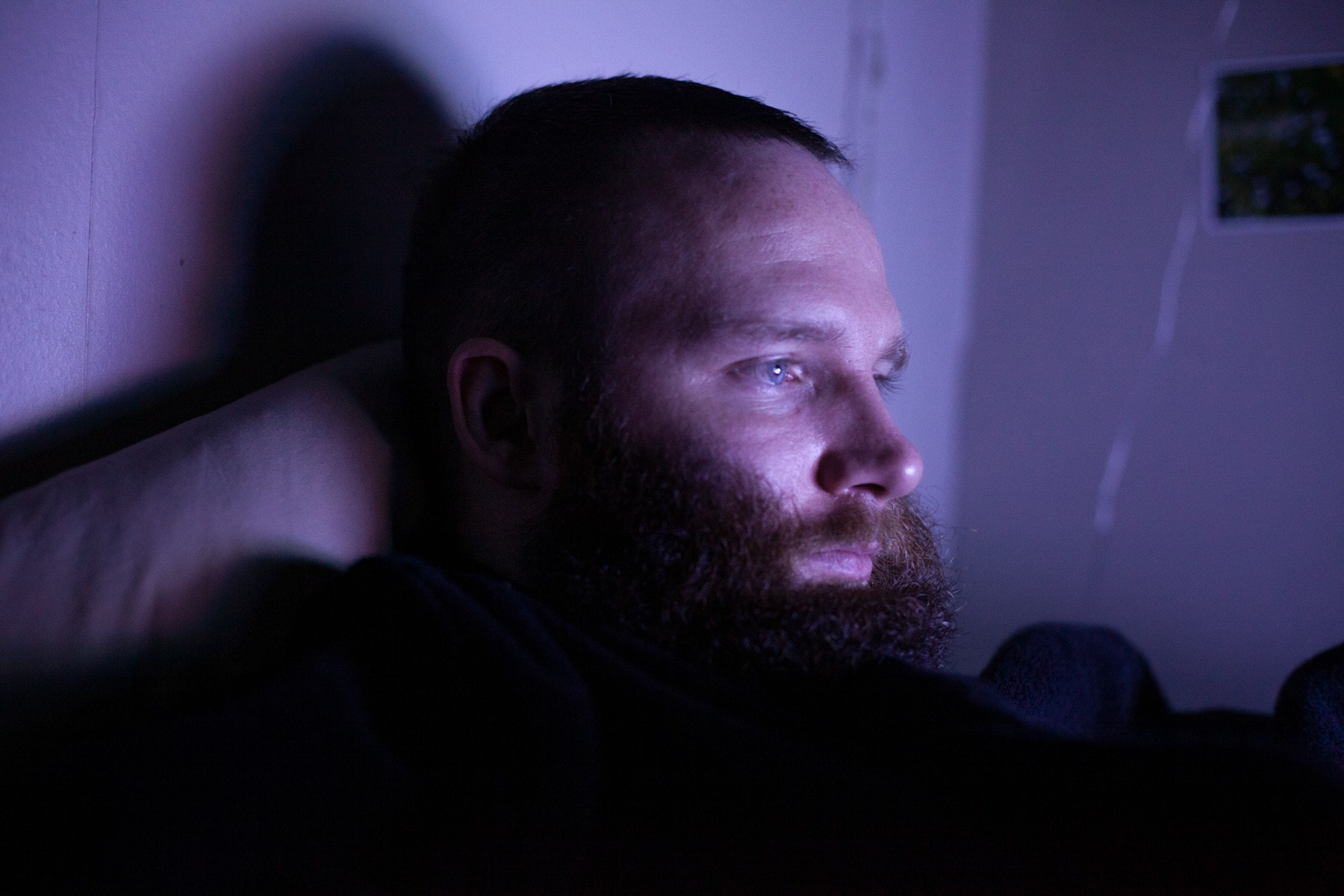 Facial hair, Cheek, Purple, Forehead, Light, Head, Blue, Beard, Face